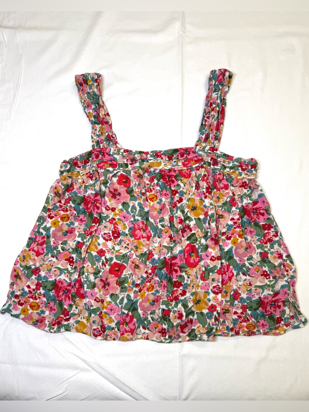 Natural Life Floral Smocked Strap Babydoll Tank Top Boho Button Back Size M